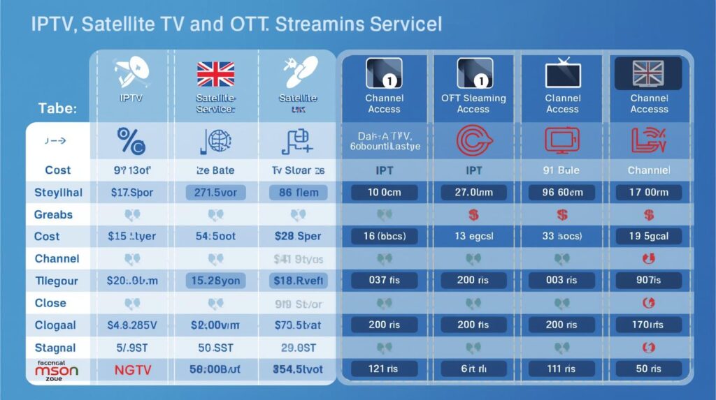 Comparison chart: IPTV vs satellite TV vs OTT streaming services in the UK — showing cost, flexibility and channel access differences