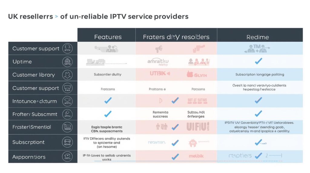 Comparison table of reliable vs unreliable IPTV service provider features for UK resellers