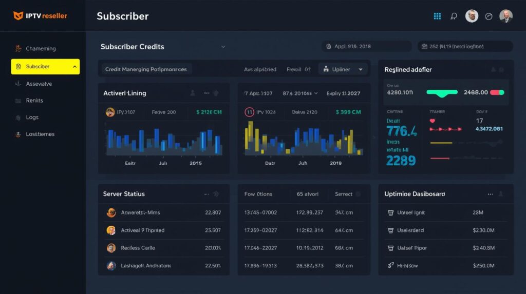 IPTV reseller credit panel dashboard showing subscriber management and uptime stats