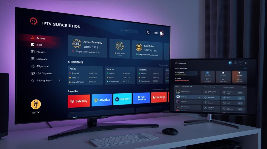 IPTV subscription setup on a UK smart TV with panel dashboard visible