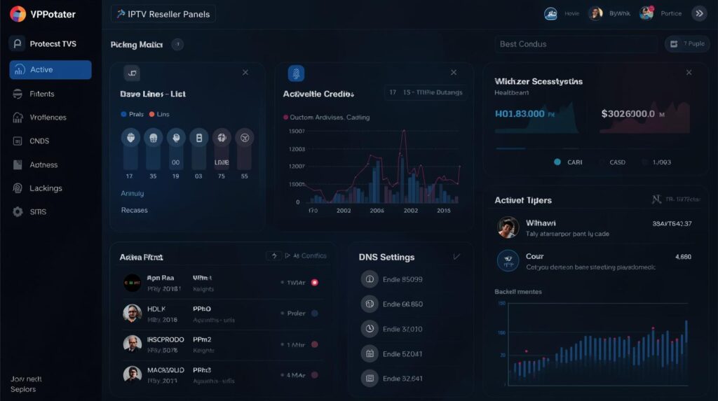 Screenshot of an IPTV reseller panel dashboard showing active lines, credits, and DNS settings