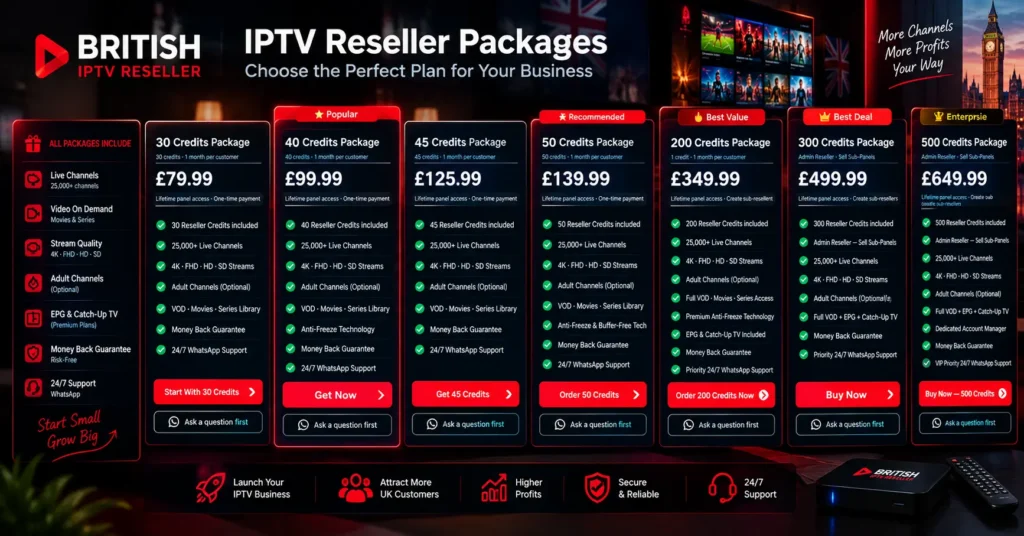 Comparison chart of entry level and established IPTV reseller panel features