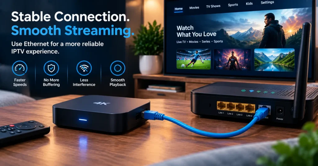 Streaming box connected by ethernet cable to a home router for stable playback