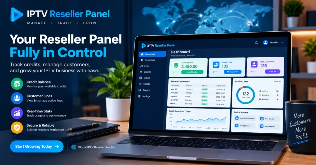 Reseller panel dashboard displaying credit balance and active customer lines
